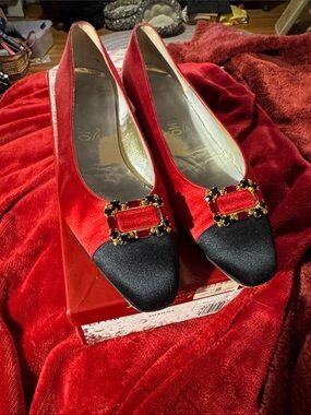 Vintage Salvatore Ferragamo Red and Black Satin Flats With Jeweled Buckle